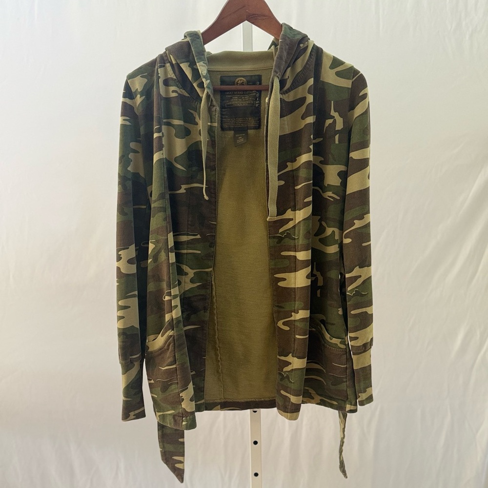 LUCKY BRAND Jacket Womens XS Green Camo Hooded Long Sleeve Open Tie Cardigan